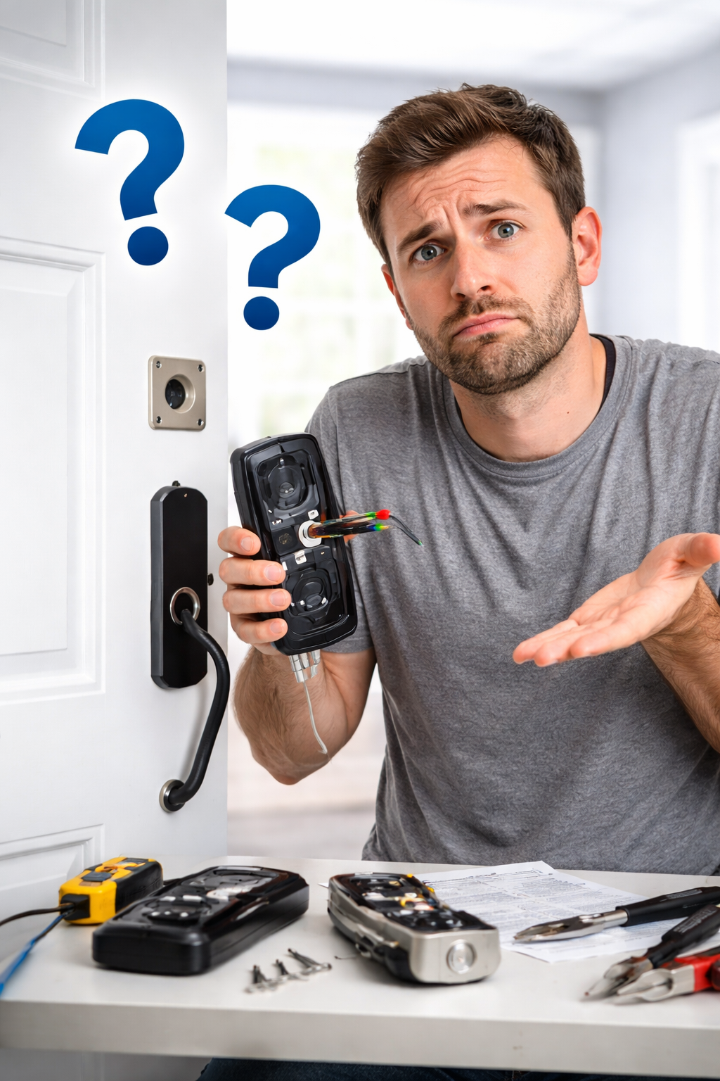 Man holding smart lock exterior unit with question marks — DIY installation troubleshooting